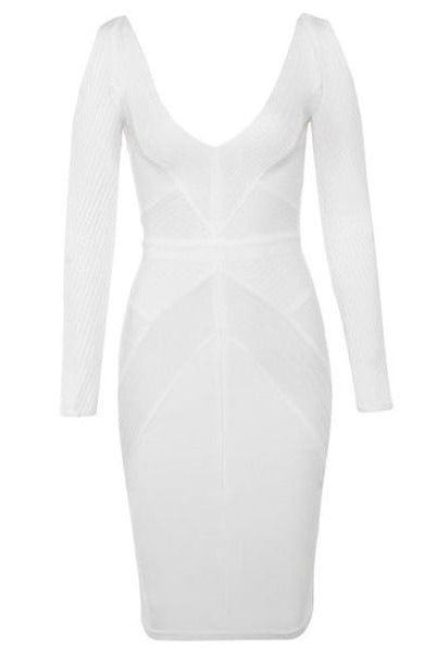 Woman wearing a figure flattering  Coco Long Sleeve Bandage Dress - Pearl White BODYCON COLLECTION