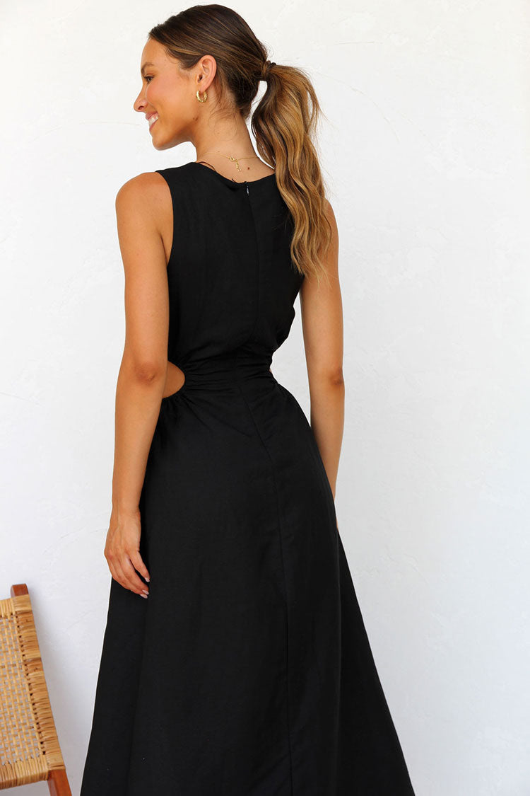 Cool Crew Neck Ruched Cutout Waist Split Midi Summer Sundress - Black