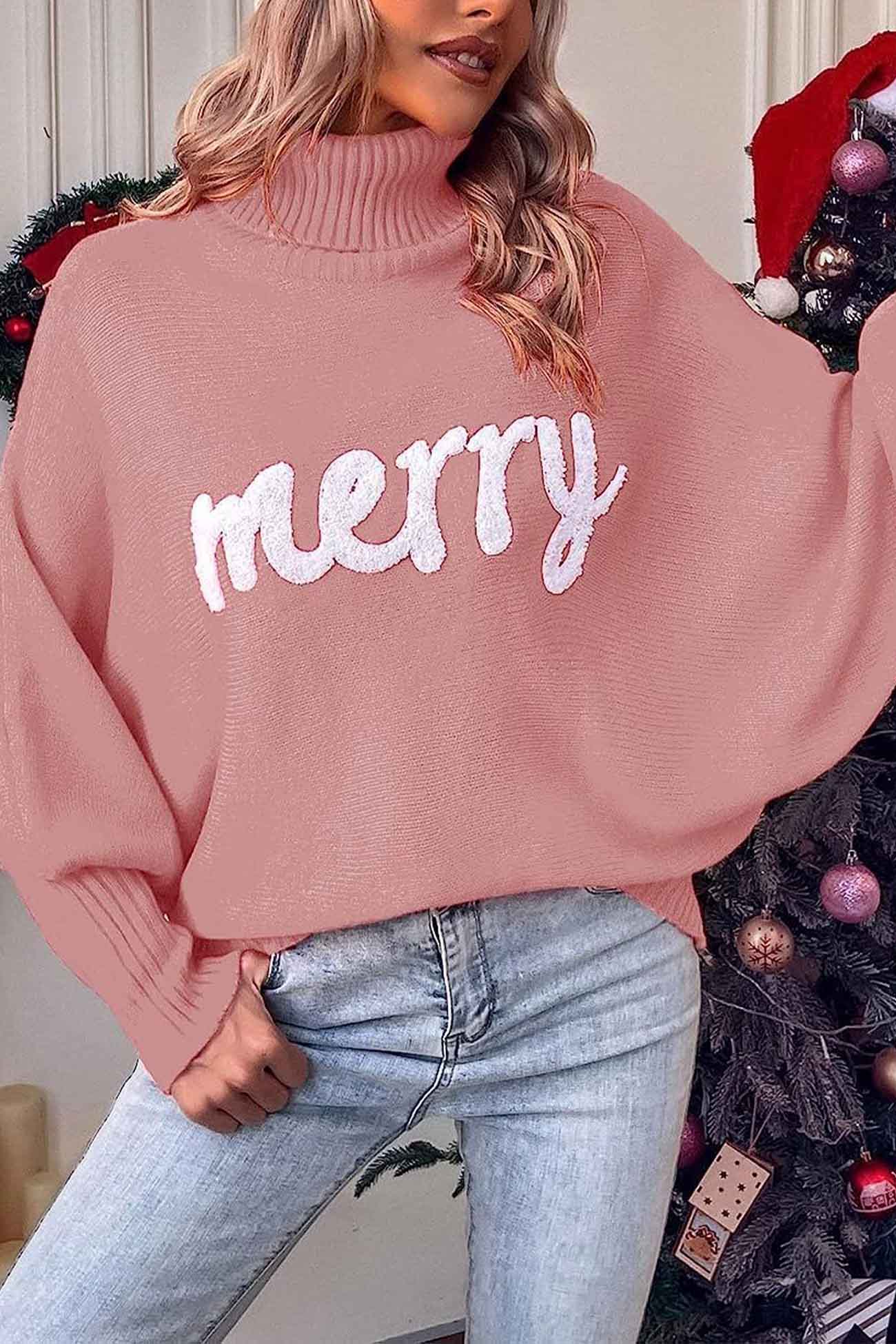 Merry Printed Dolman Sleeve Turtleneck Knitted Sweater