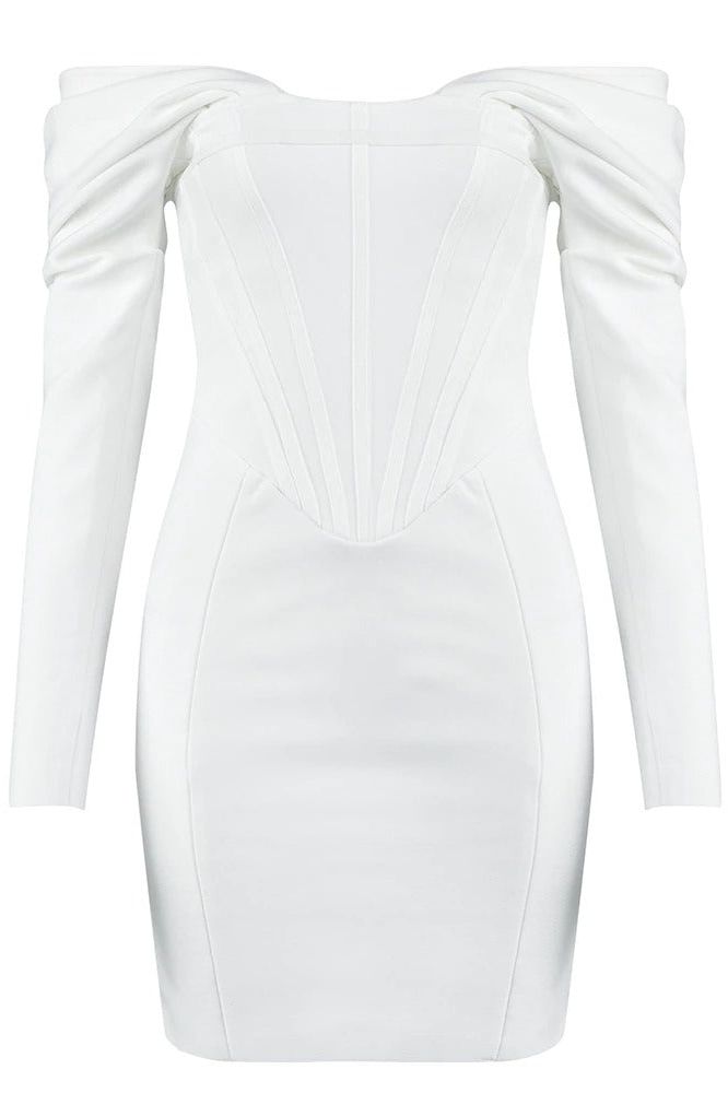 Woman wearing a figure flattering  Cosmo Long Sleeve Bodycon Mini Dress - Pearl White BODYCON COLLECTION