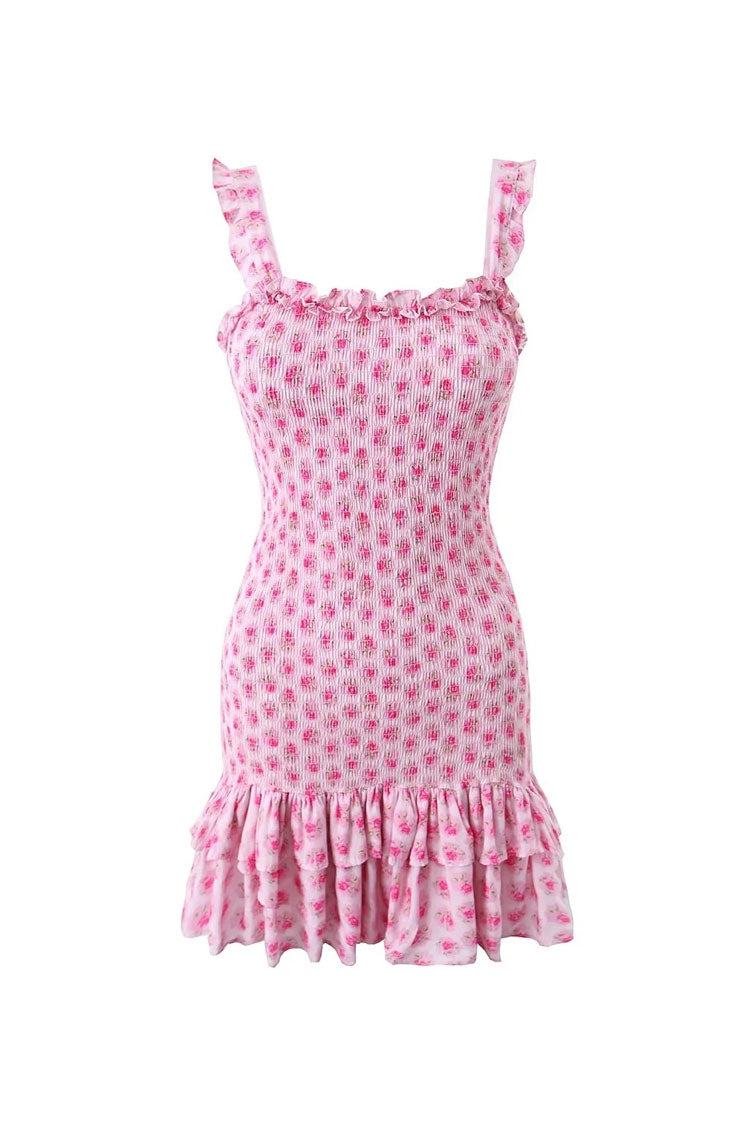 Cute Floral Print Ruffle Square Neck Bodycon Tiered Smocked Mini Sundress