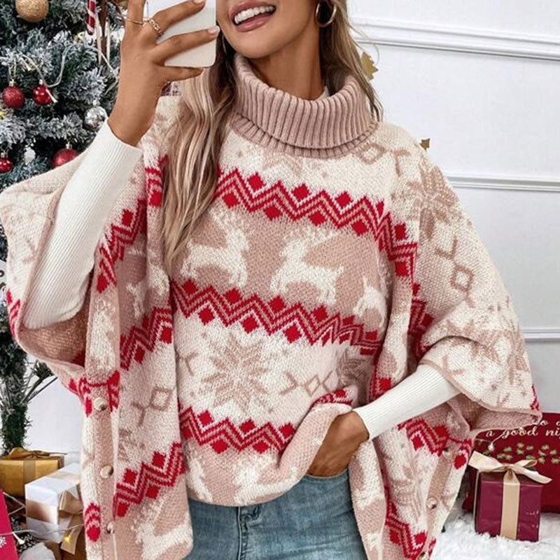 Cute Turtleneck Oversized Bathing Sleeve Christmas Poncho Sweater - Red