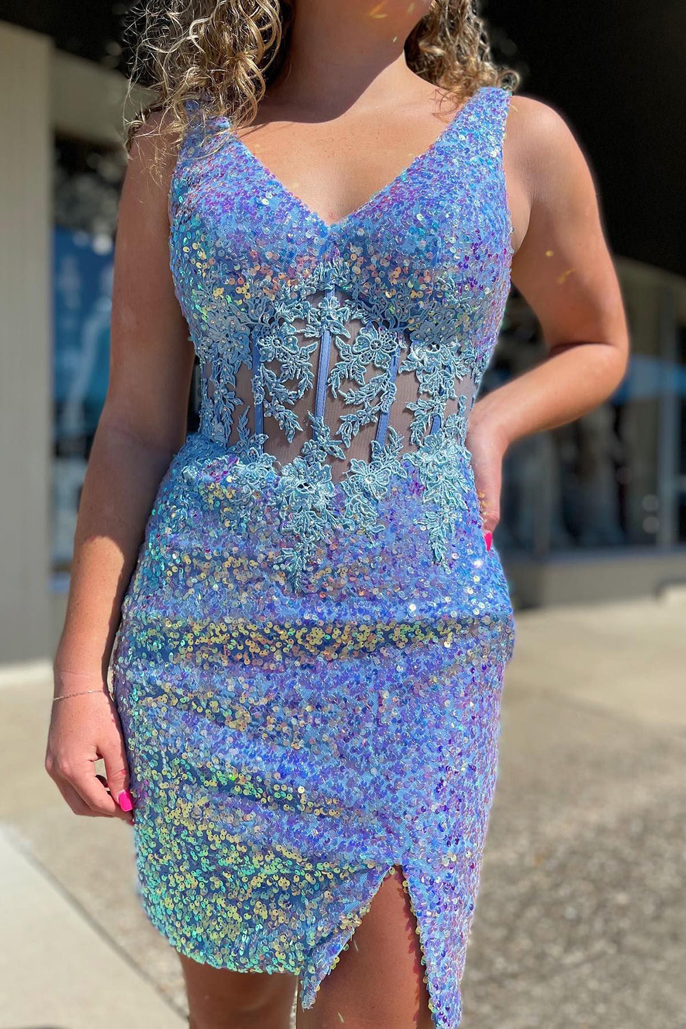 Blue Homecoming Dress Corset Sequin Tight Short Prom Dress with Lace