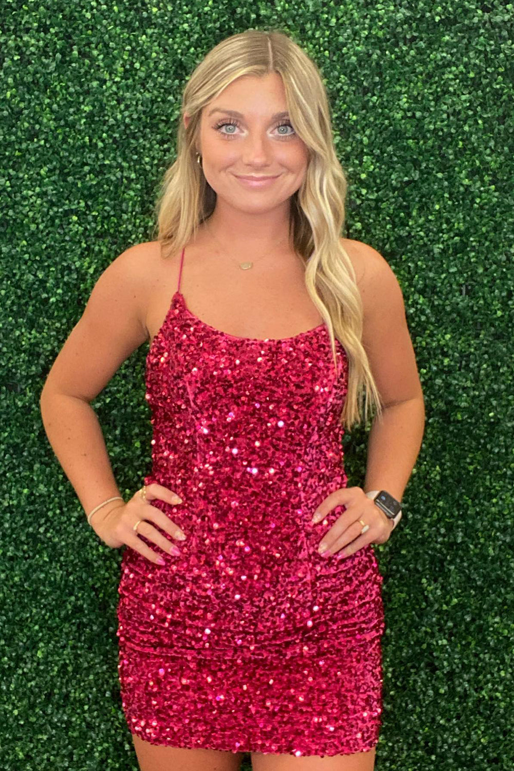 Fuchsia Homecoming Dress Sleeveless Sequin Tight Short Prom Dress