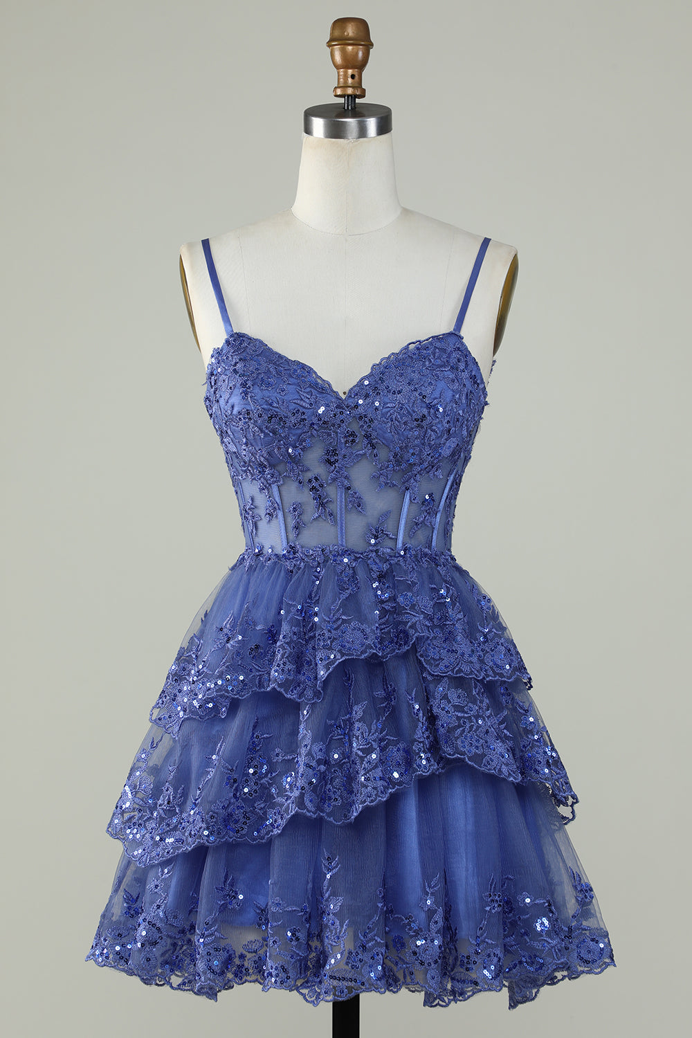 Blue Homecoming Dress Corset Top Spaghetti Straps A-Line Lace Short Prom Dress