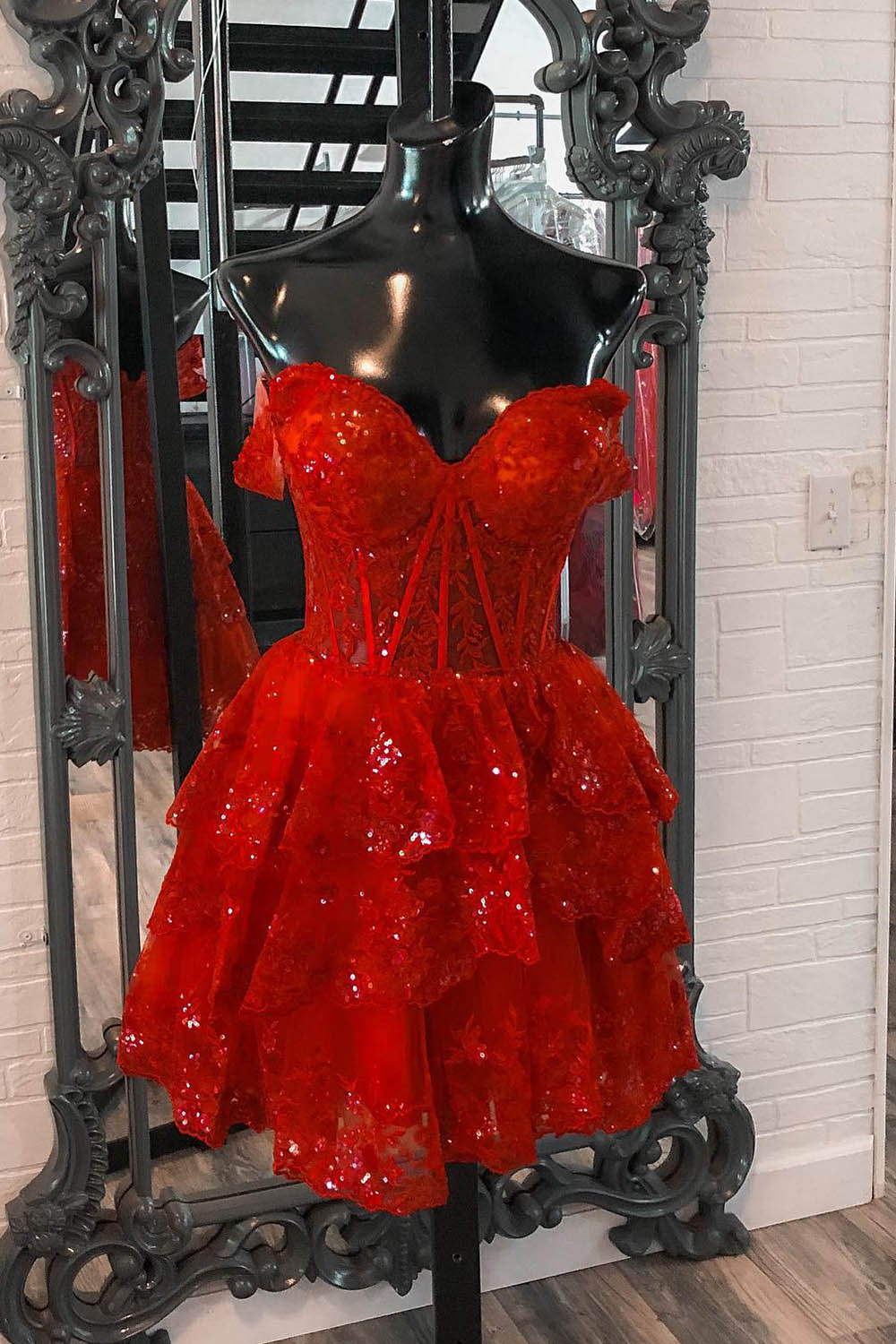 Red Homecoming Dress Corset Tiered Lace A-Line Short Prom Dress