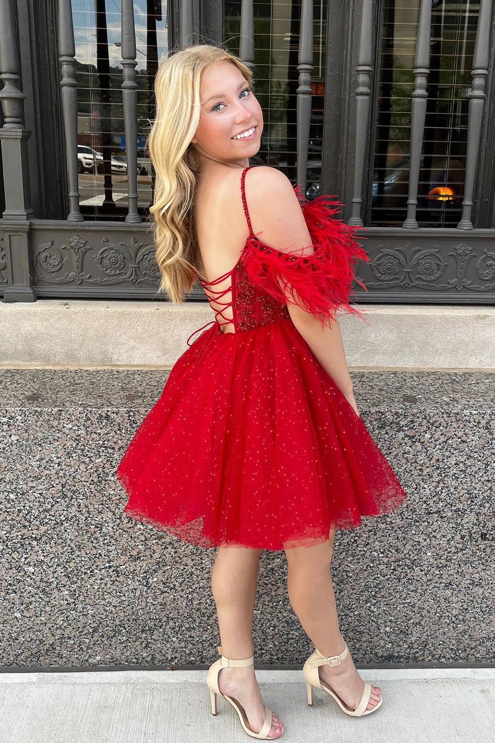 Glitter Red Homecoming Dress A-Line Sequin Tulle Short Prom Dress with Feathers