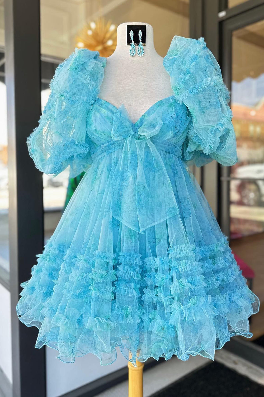 Blue Homecoming Dress Puff Sleeves A-Line Floral Short Prom Dress with Ruffles