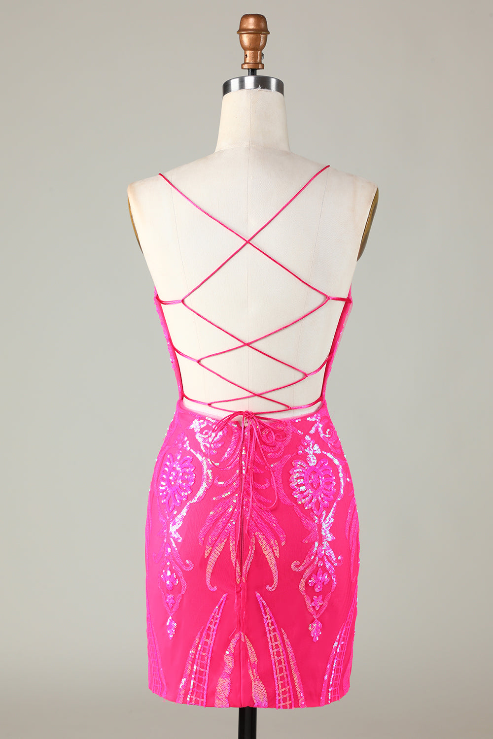 Pink Homecoming Dress Spaghetti Straps Backless Tight Sequin Short Prom Dress