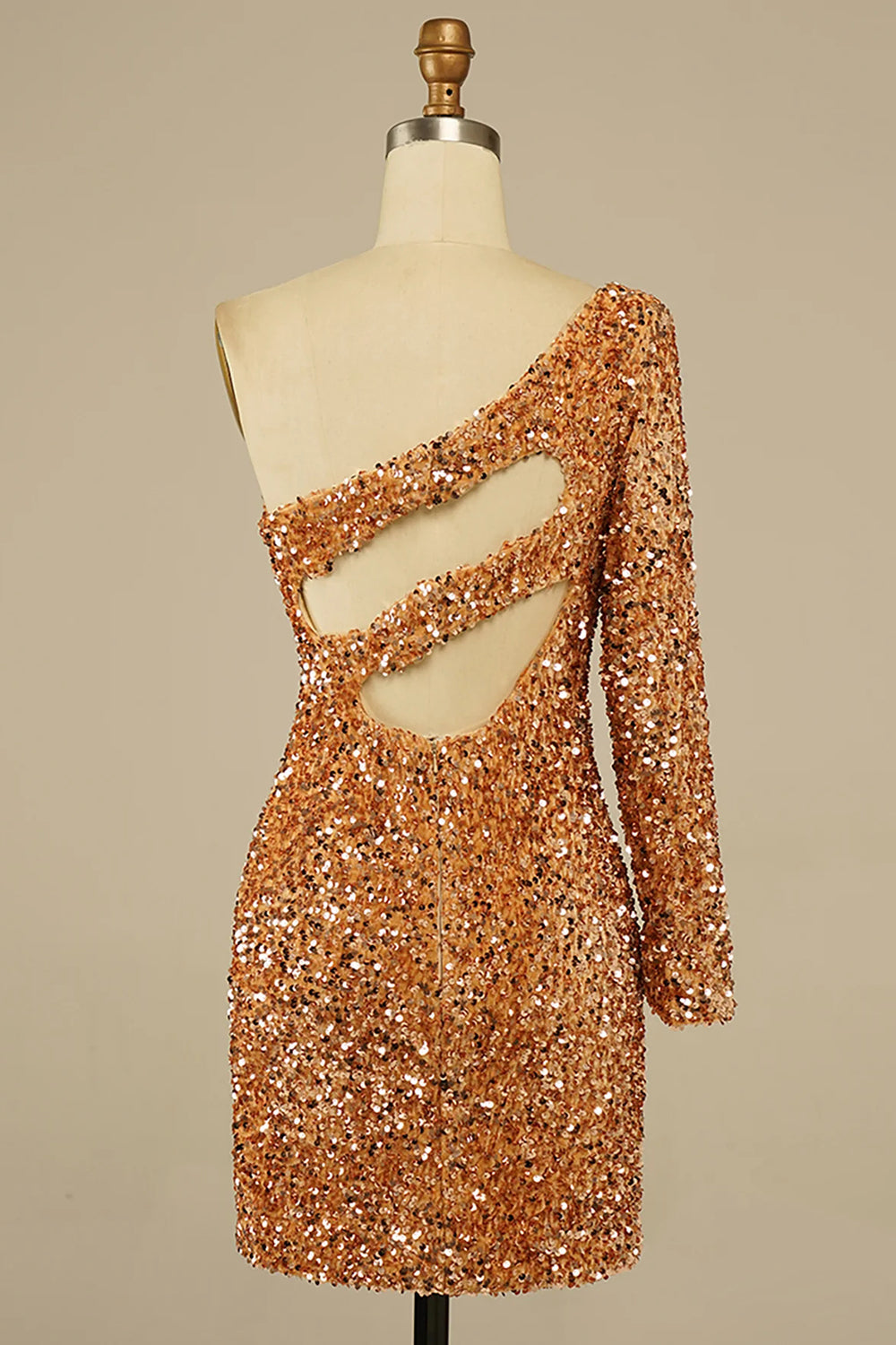 Golden Homecoming Dress Cut Out Open Back One Shoulder Sequin Prom Dress