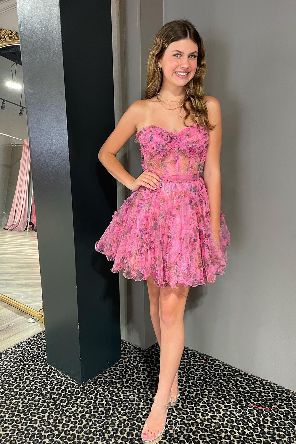 Pink Homecoming Dress Corset Sweetheart Floral A-Line Short Prom Dress with Ruffles