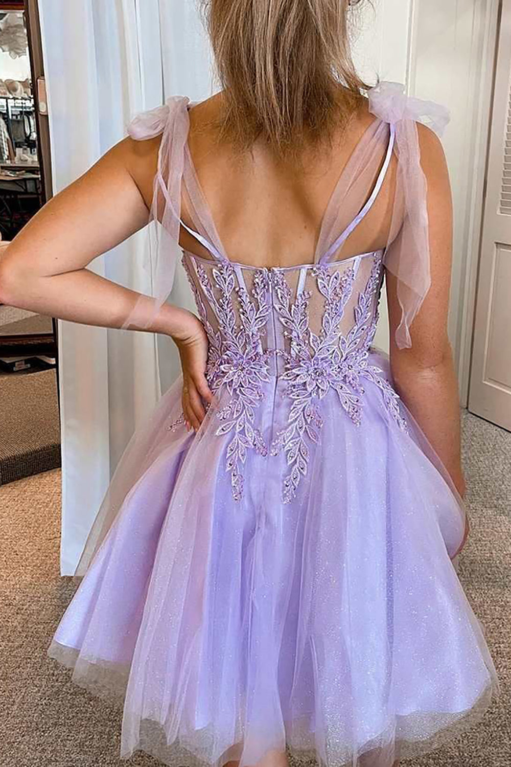 Purple Homecoming Dress Corset A-Line Tulle Short Prom Dress with Lace