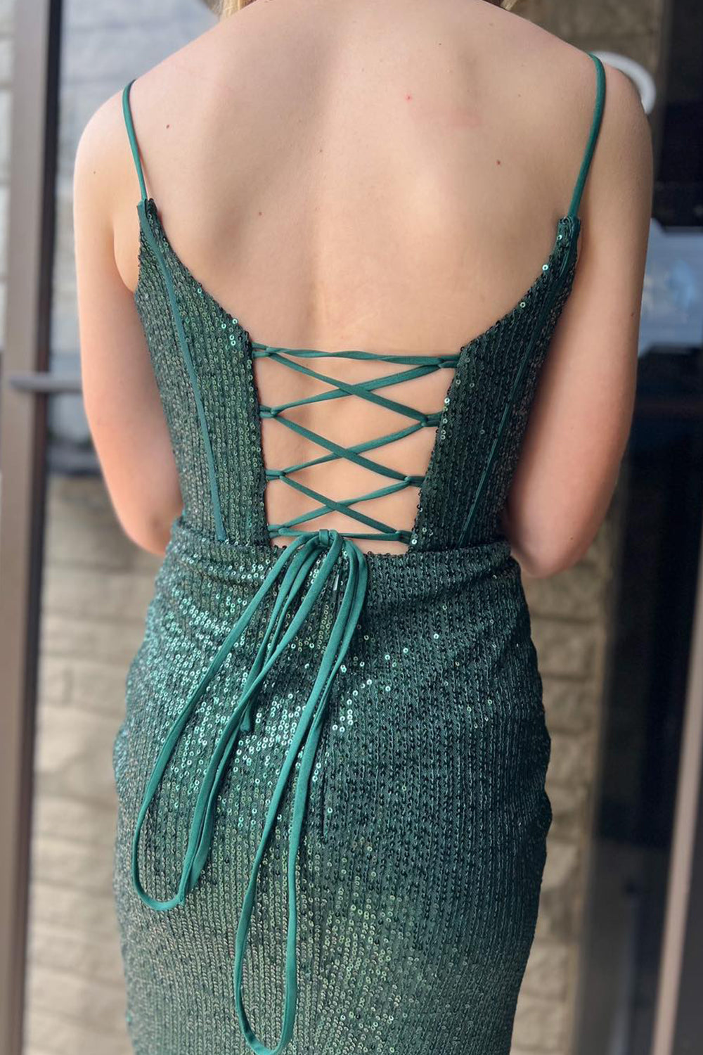 Dark Green Homecoming Dress Corset Sequin Sleeveless Tight Prom Dress