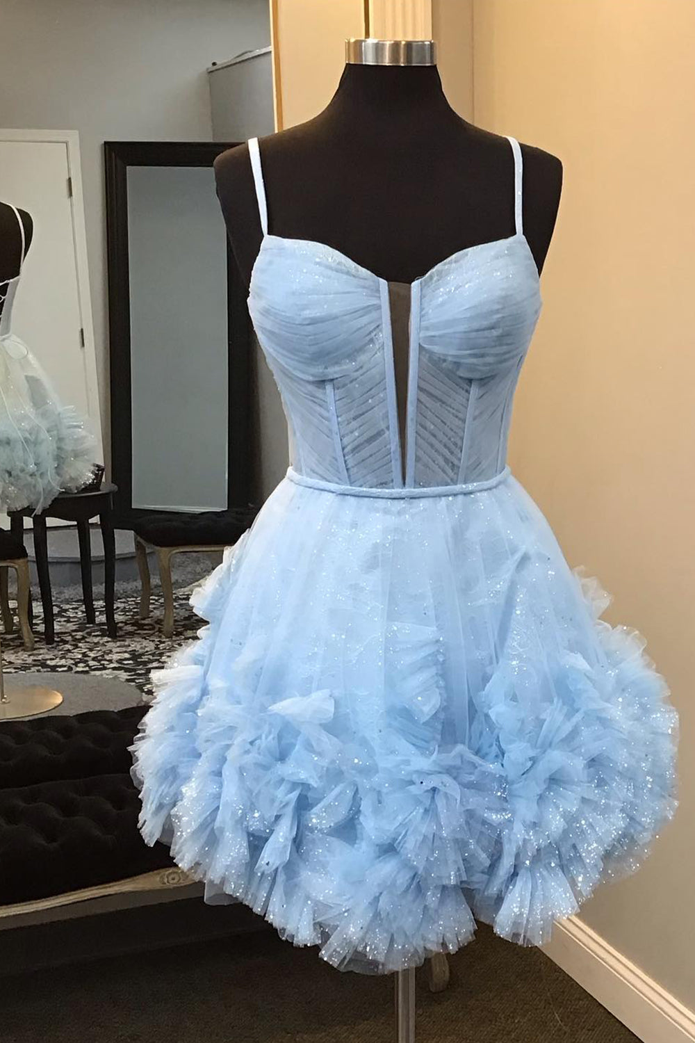 Glitter Blue Homecoming Dress Corset Tulle A-Line Tulle Short Prom Dress With Pocket