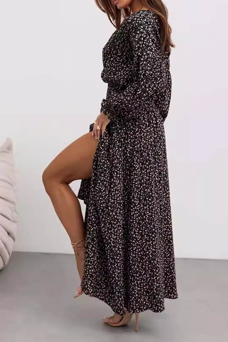 Printed V-neck Slit Long Sleeve Dress