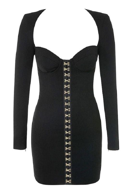 Woman wearing a figure flattering  Dani Long Sleeve Mini Bandage Dress - Classic Black BODYCON COLLECTION