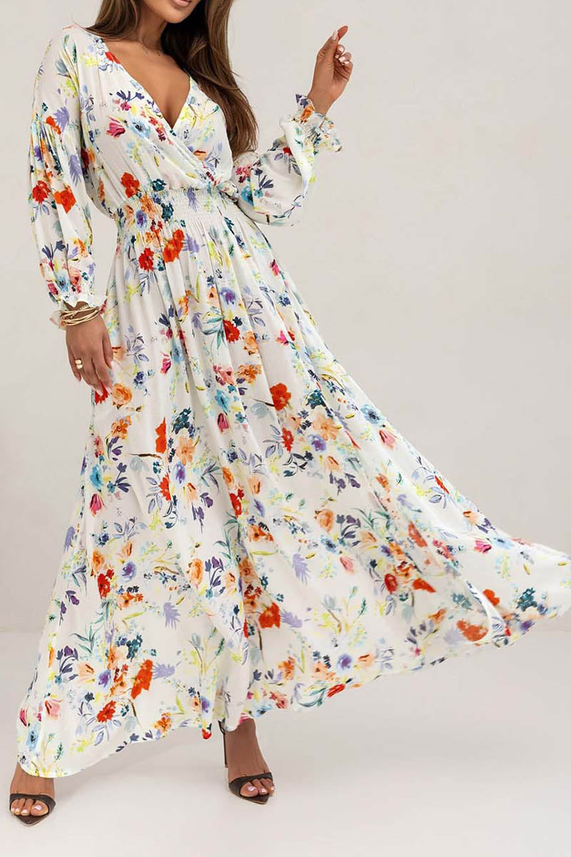 Printed V-neck Slit Long Sleeve Dress