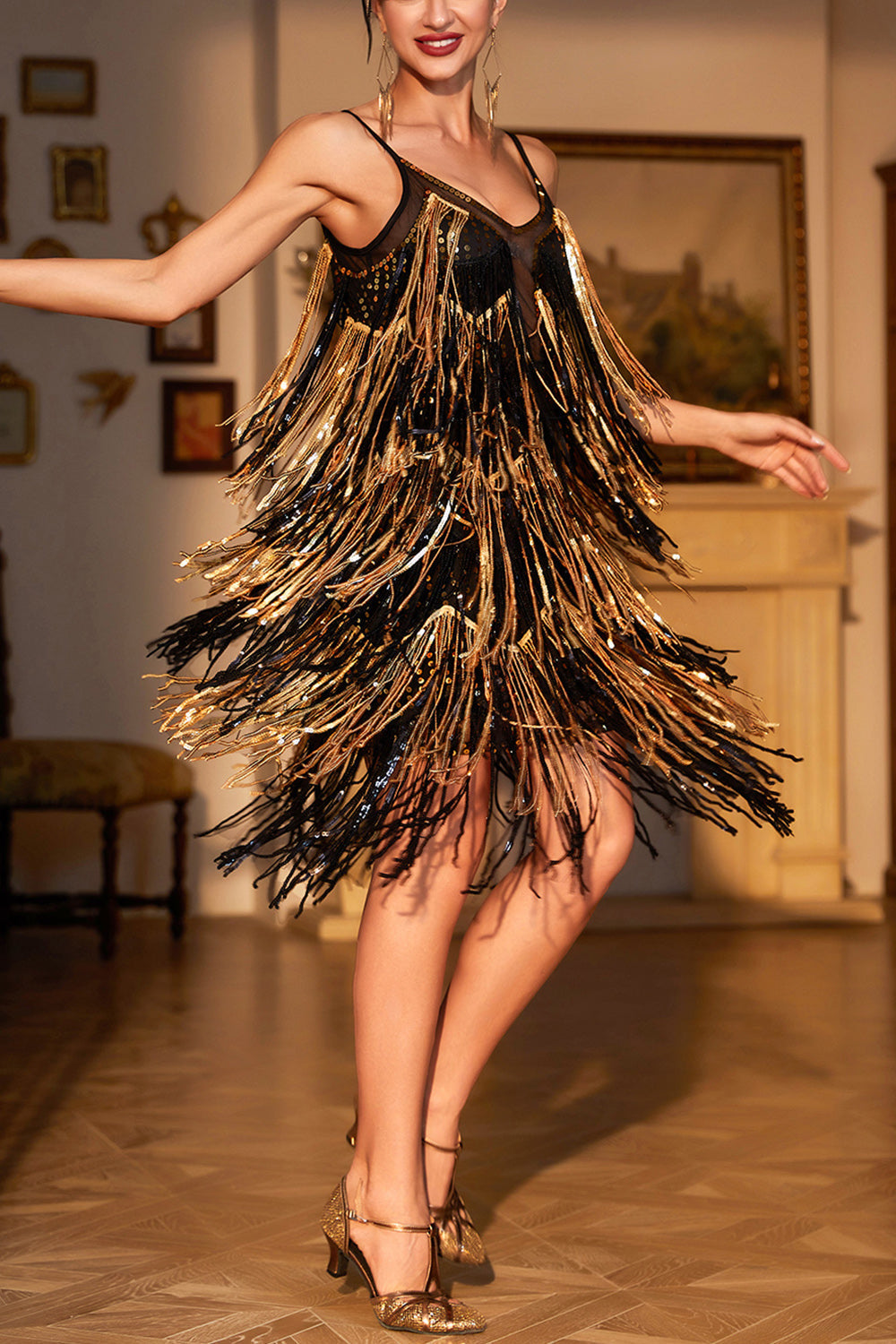 Black Golden Homecoming Dress A-Line Short Prom Dress with Fringes