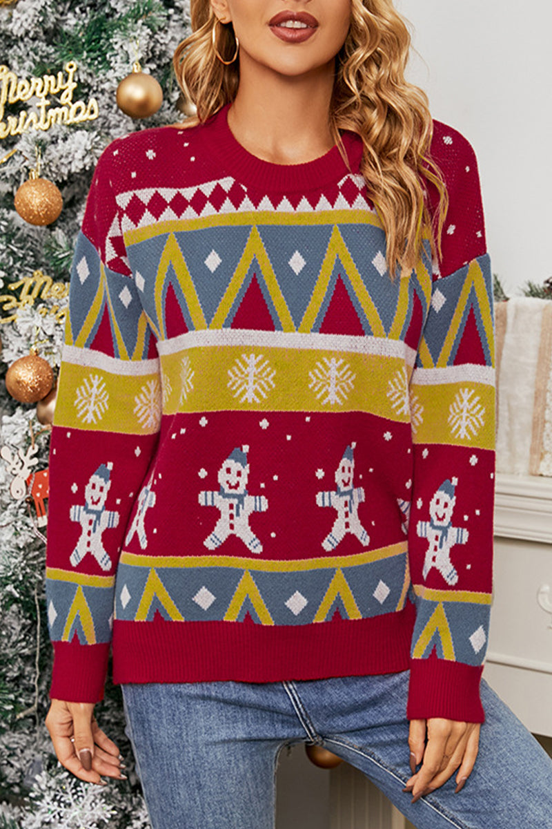 Christmas Color Block Snowflake Snowman Pullover Sweater