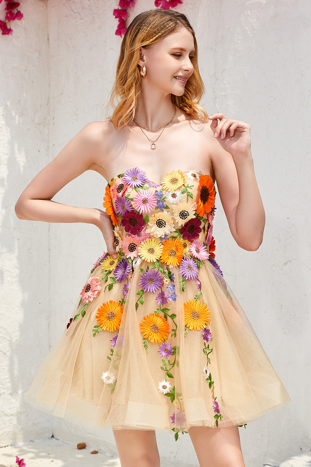 Champagne Homecoming Dress Strapless Prom Dress with 3D Flowers