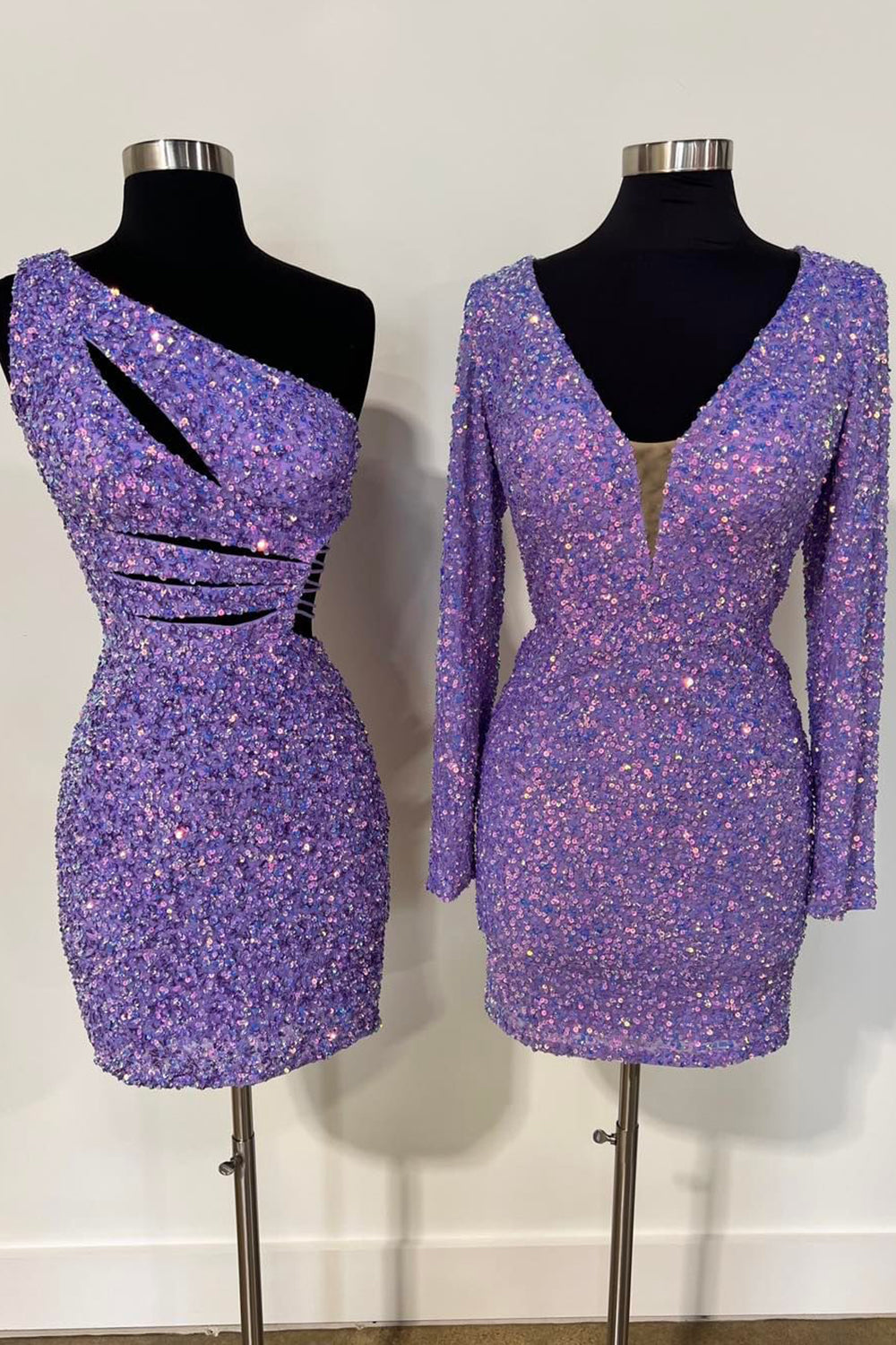 Purple Homecoming Dress One Shoulder Cut Out Sequin Tight Short Prom Dress