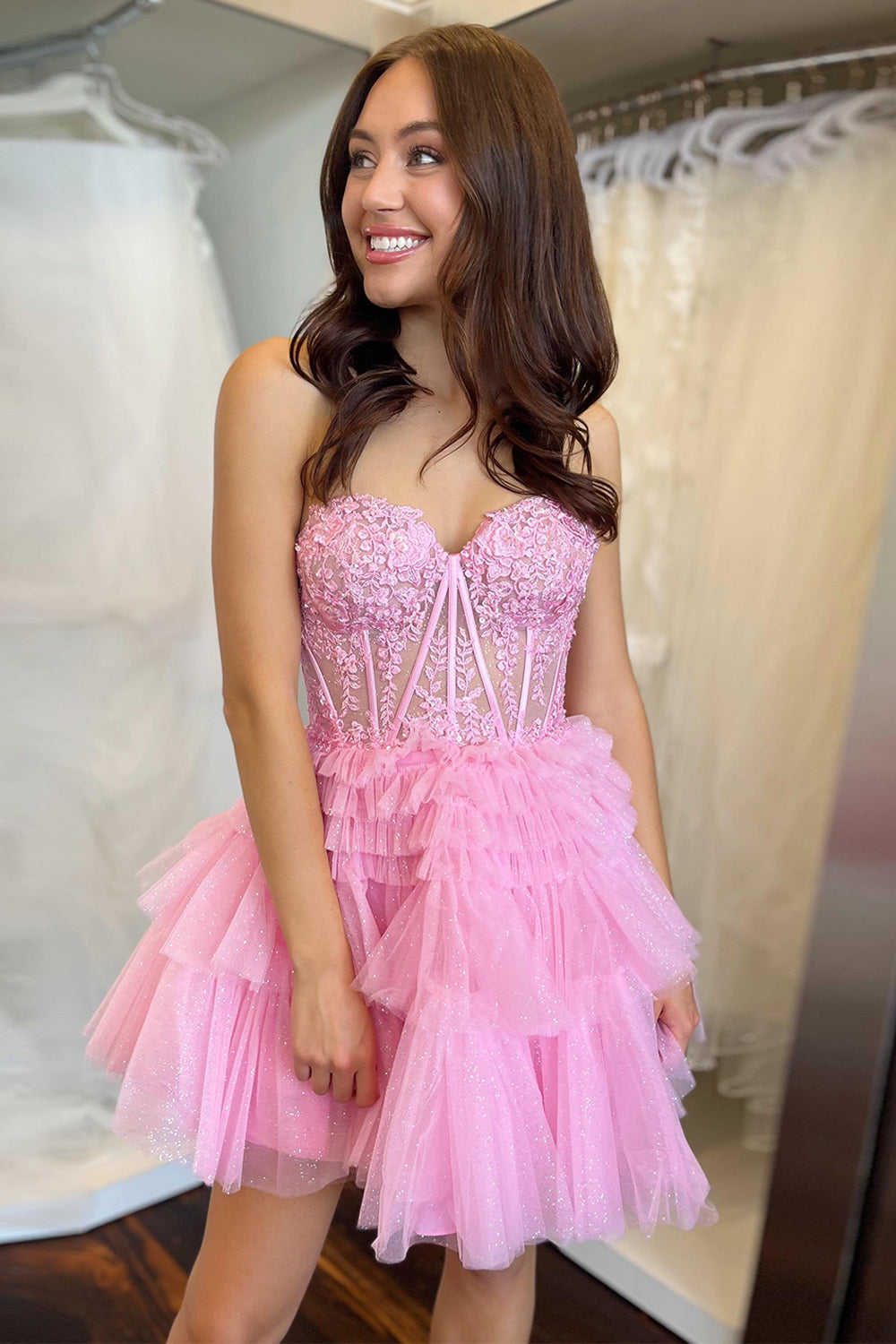 Glitter Pink Homecoming Dress Corset A-Line Tiered Short Prom Dress with Lace