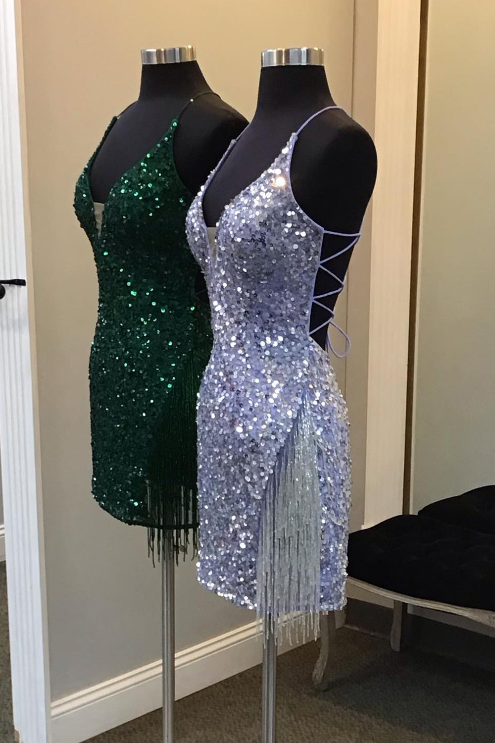 Dark Green Homecoming Dress Sequin Tight Prom Dress with Fringes