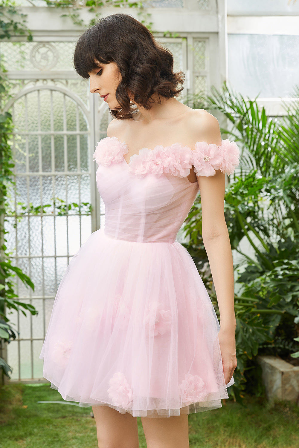 Pink Homecoming Dress Off the Shoulder Corset Prom Dress With Flowers