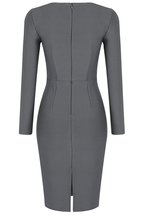 Diva Notch Scoop Neck Long Sleeve Bandage Bodycon Mini Dress - Gray