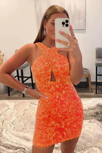 Glitter Orange Homecoming Dress Halter Backless Sequin Tight Prom Dress