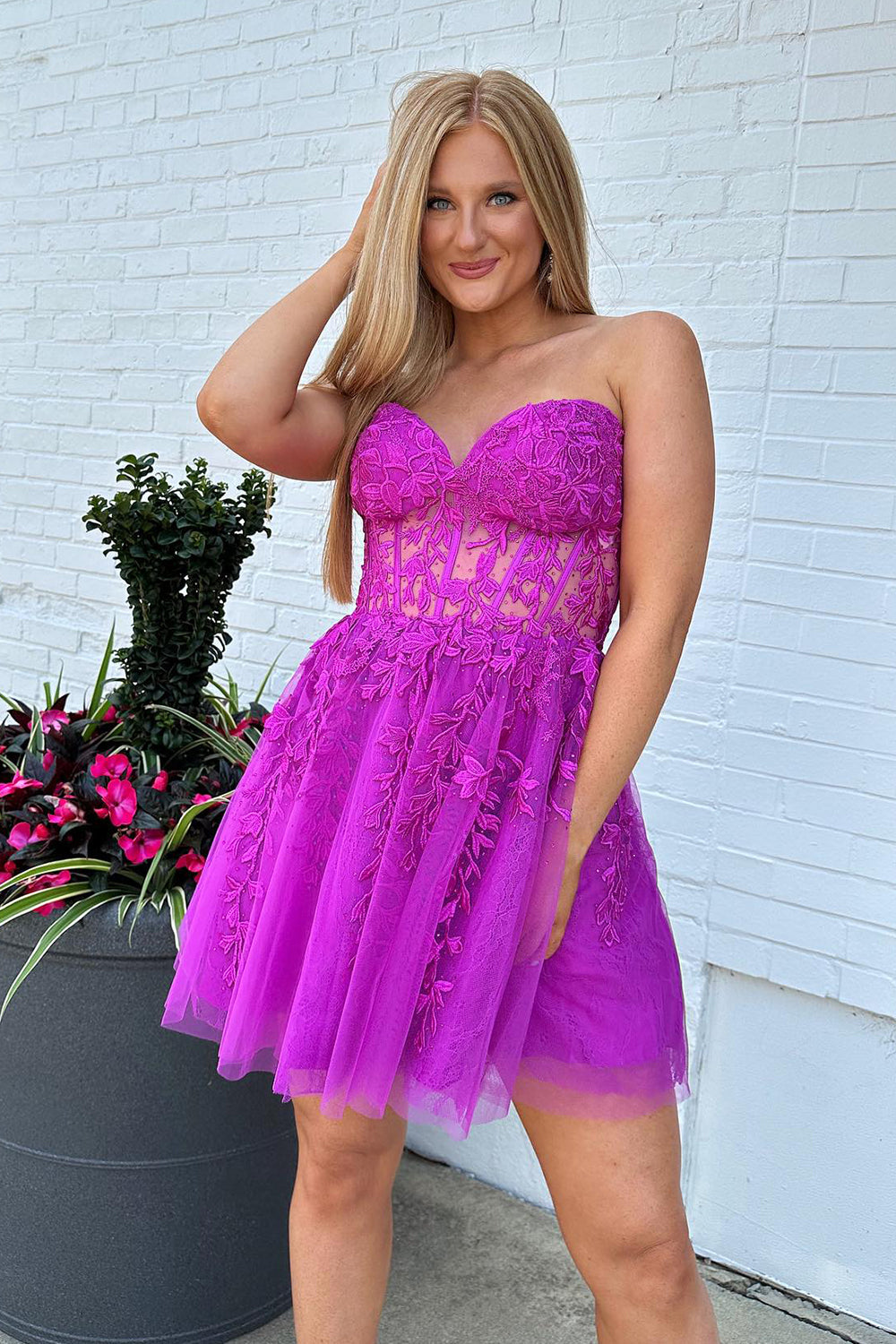 Fuchsia Homecoming Dress Corset A-Line Tulle Short Prom Dress with Lace