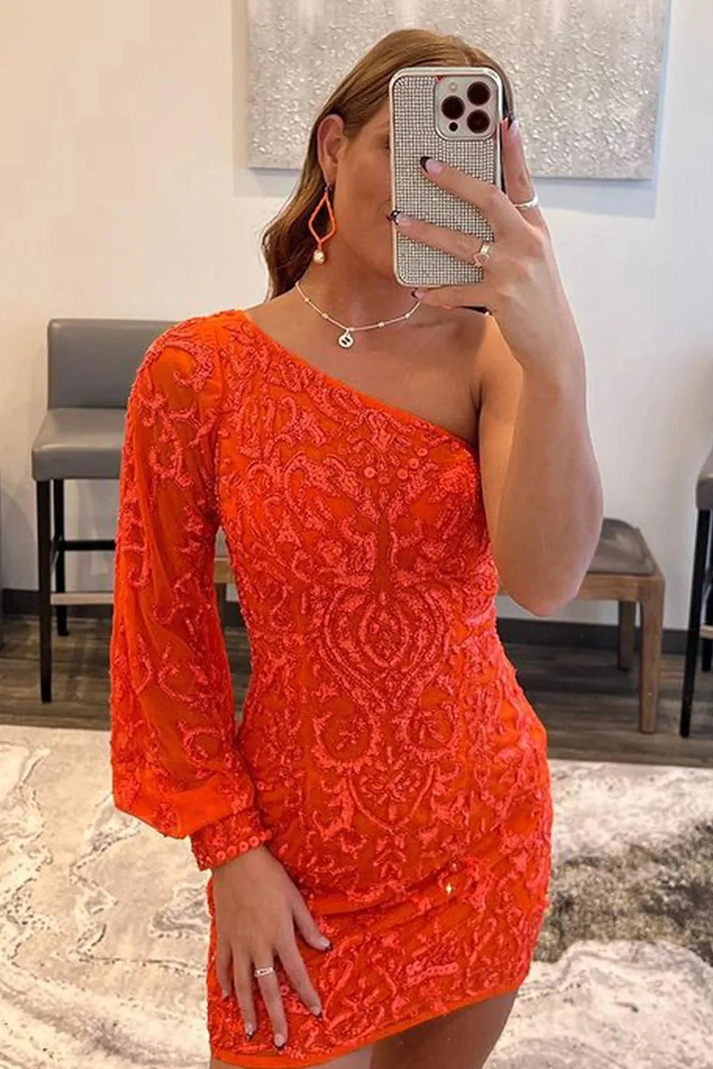 Orange Homecoming Dress Beaded Sequin One Shoulder Tight Prom Dress