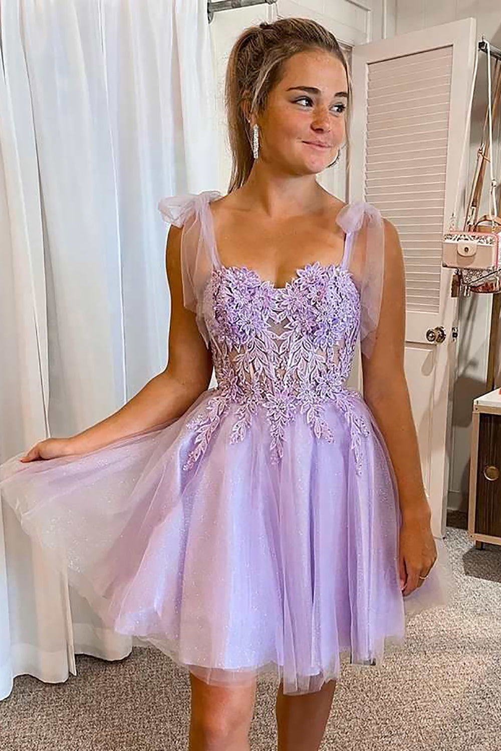 Purple Homecoming Dress Corset A-Line Tulle Short Prom Dress with Lace