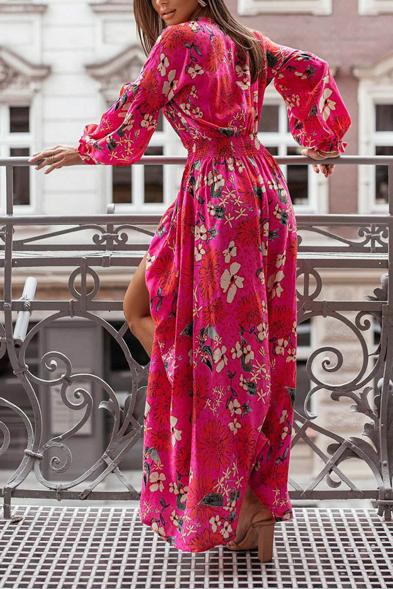 Printed V-neck Slit Long Sleeve Dress