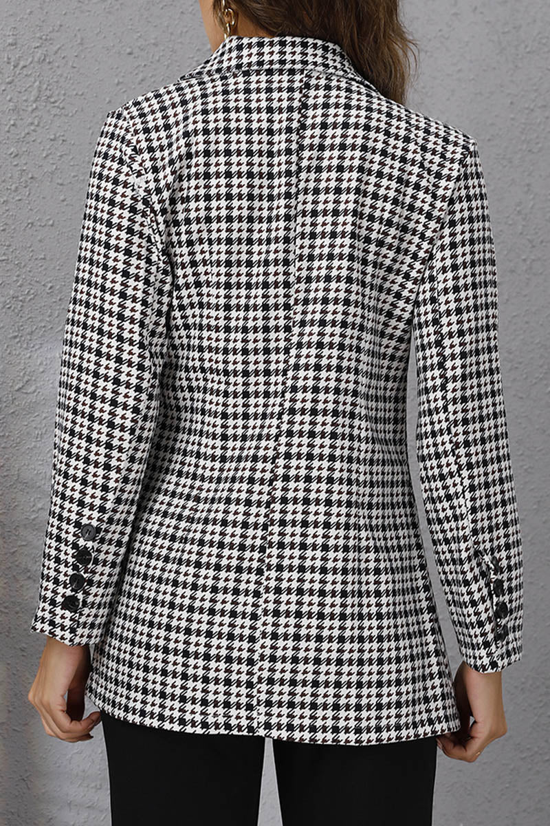 Houndstooth Lapel Long Sleeve Suit Blazer Jacket