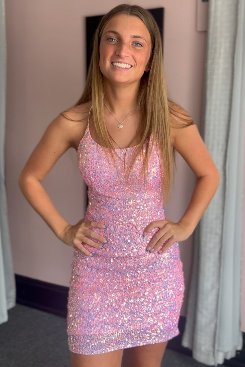 Fuchsia Homecoming Dress Sleeveless Sequin Tight Short Prom Dress