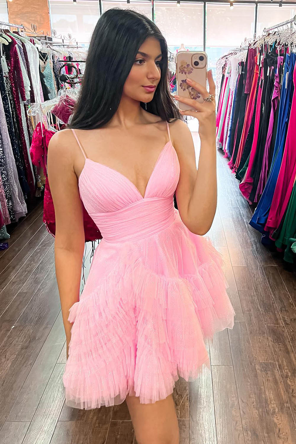 Glitter Pink Homecoming Dress Tulle A-Line Short Ruffled Prom Dress