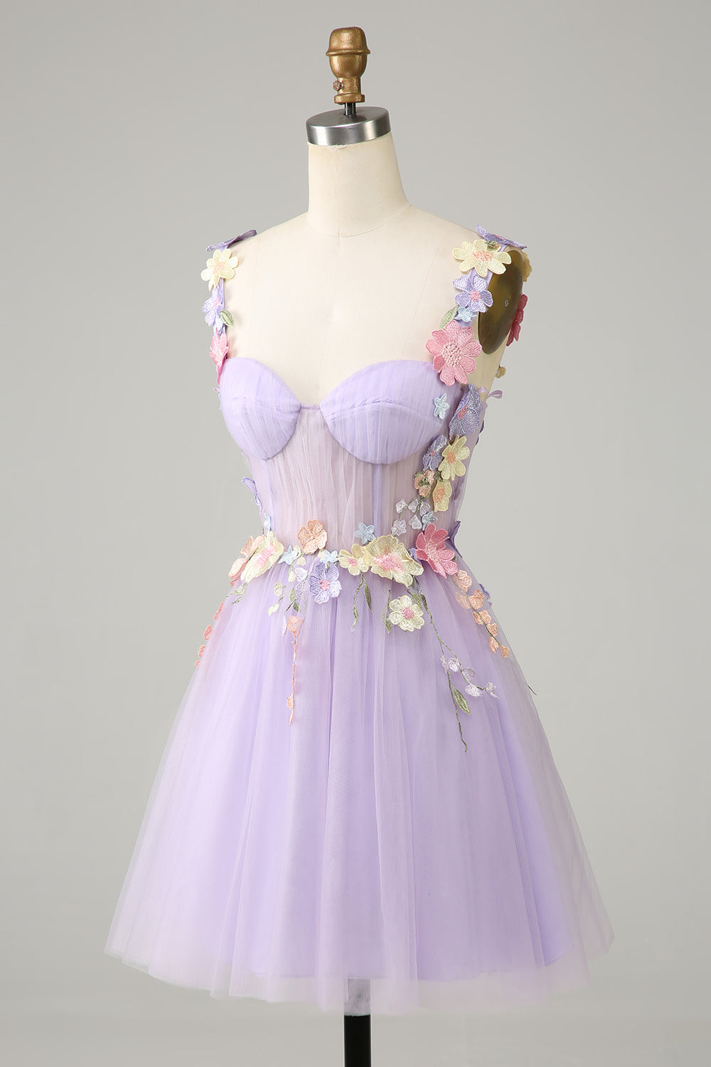 Purple Homecoming Dress Spaghetti Straps Tulle Prom Dress With 3D Flowers