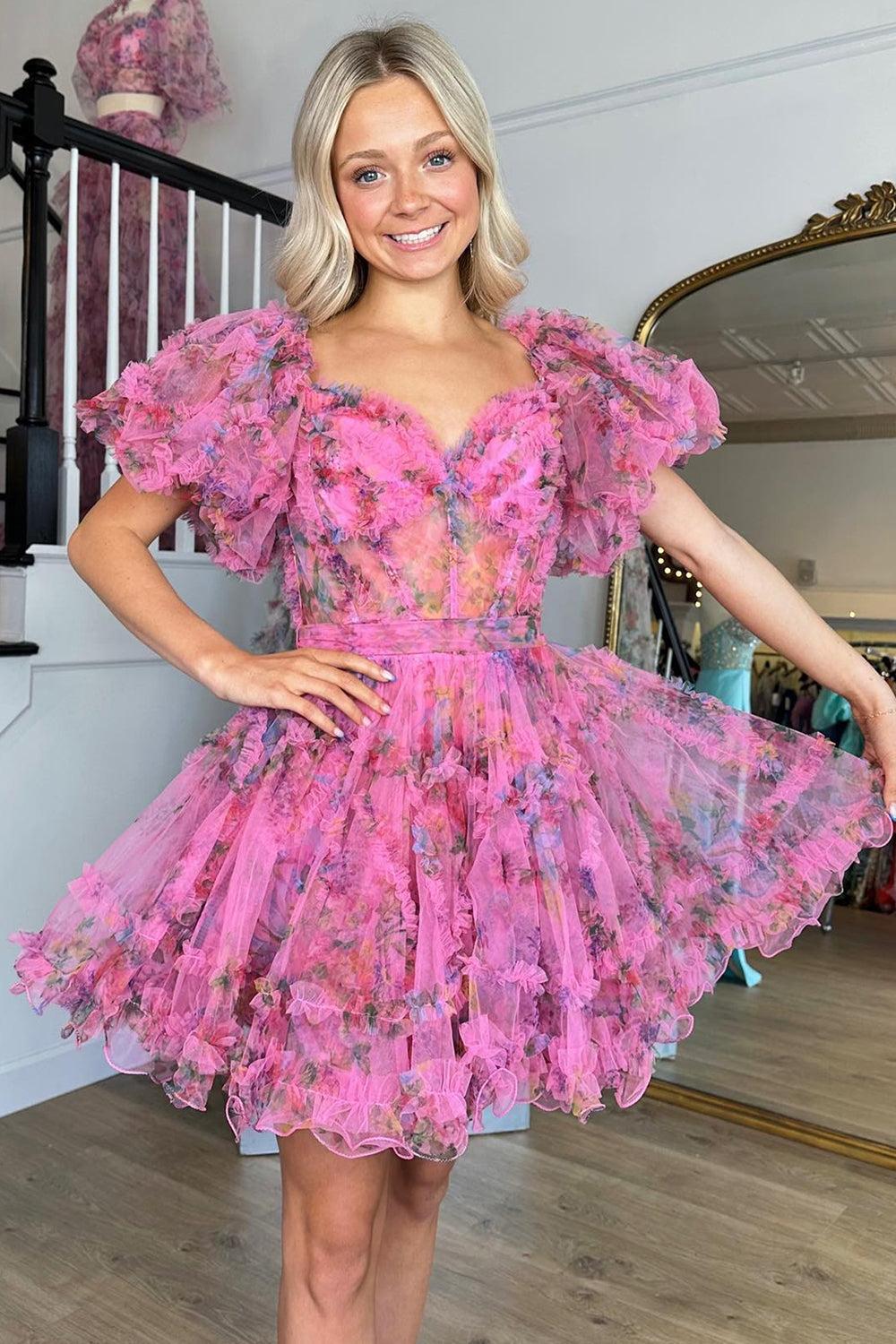 Fuchsia Homecoming Dress Floral A-Line Short Prom Dress