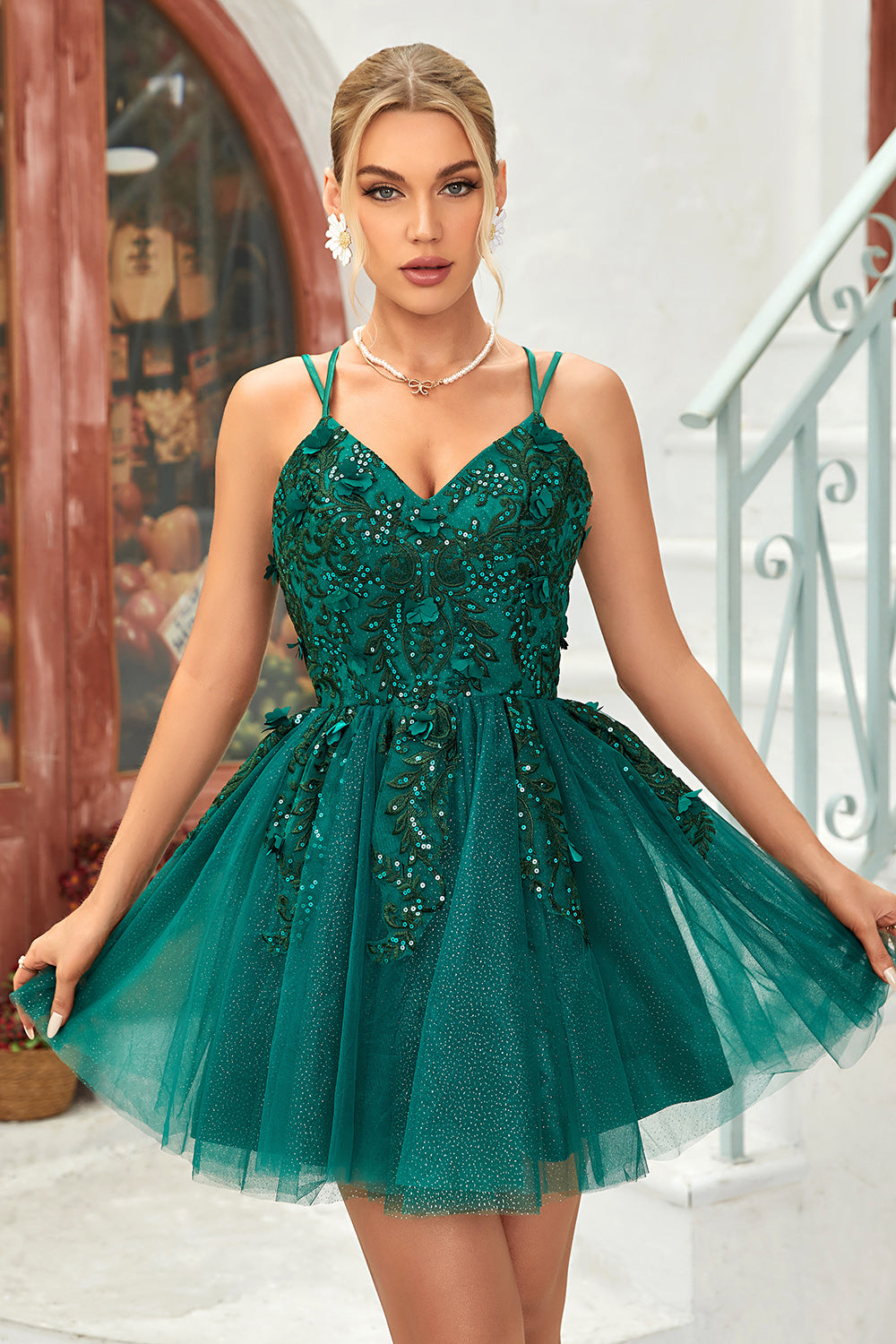 A Line Spaghetti Straps Dark Green Homecoming Dress Short Prom Dress with Appliques Beading