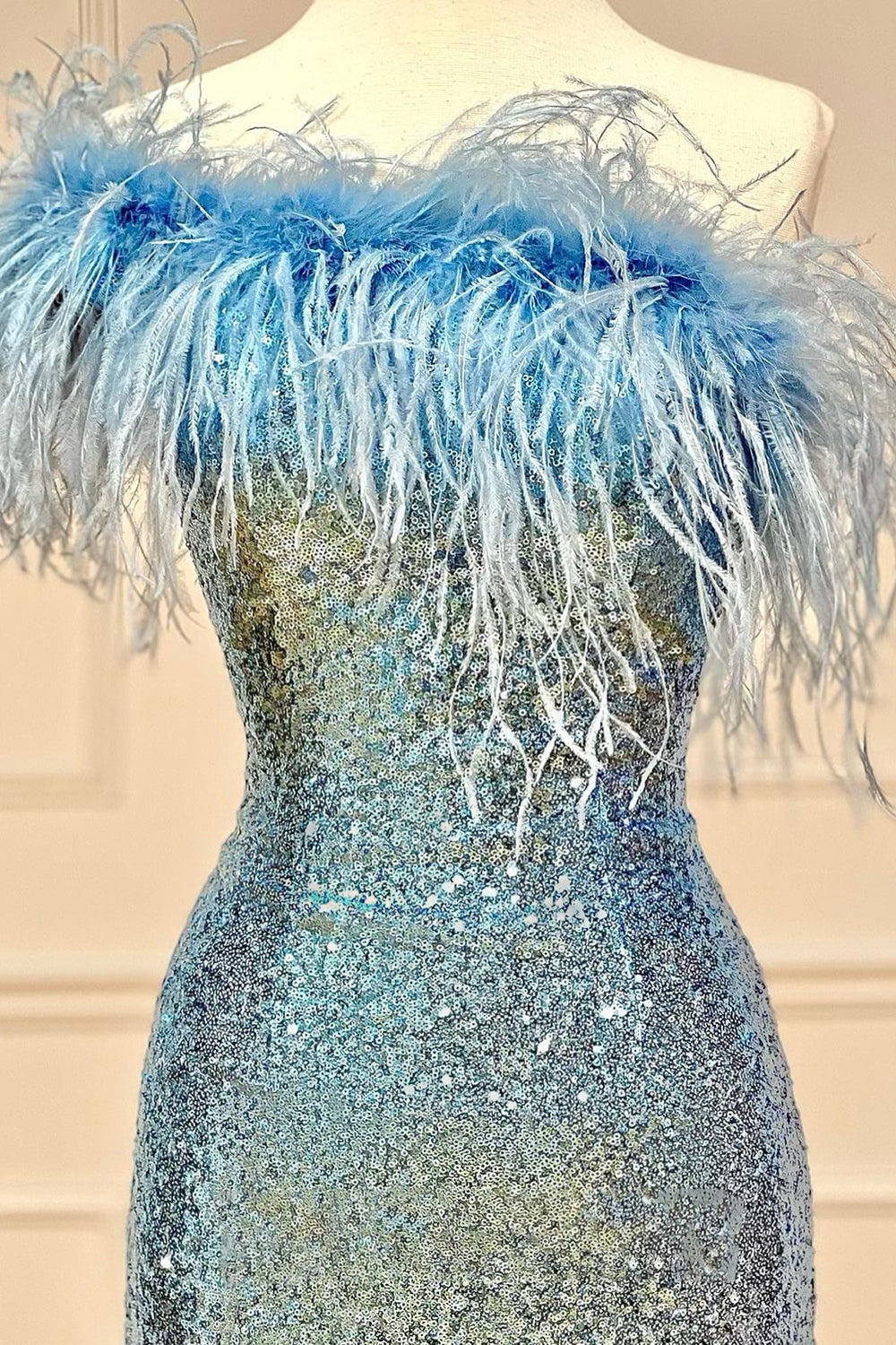 Light Blue Homecoming Dress Tight Sequin Prom Dress with Feathers