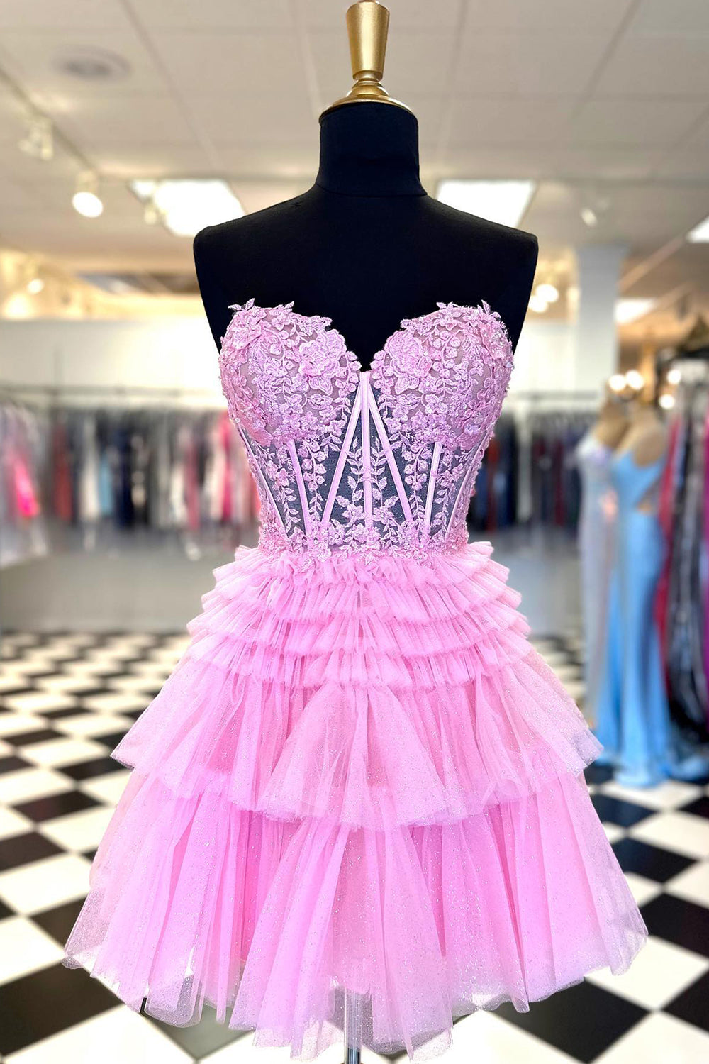 Glitter Pink Homecoming Dress Corset A-Line Tiered Short Prom Dress with Lace