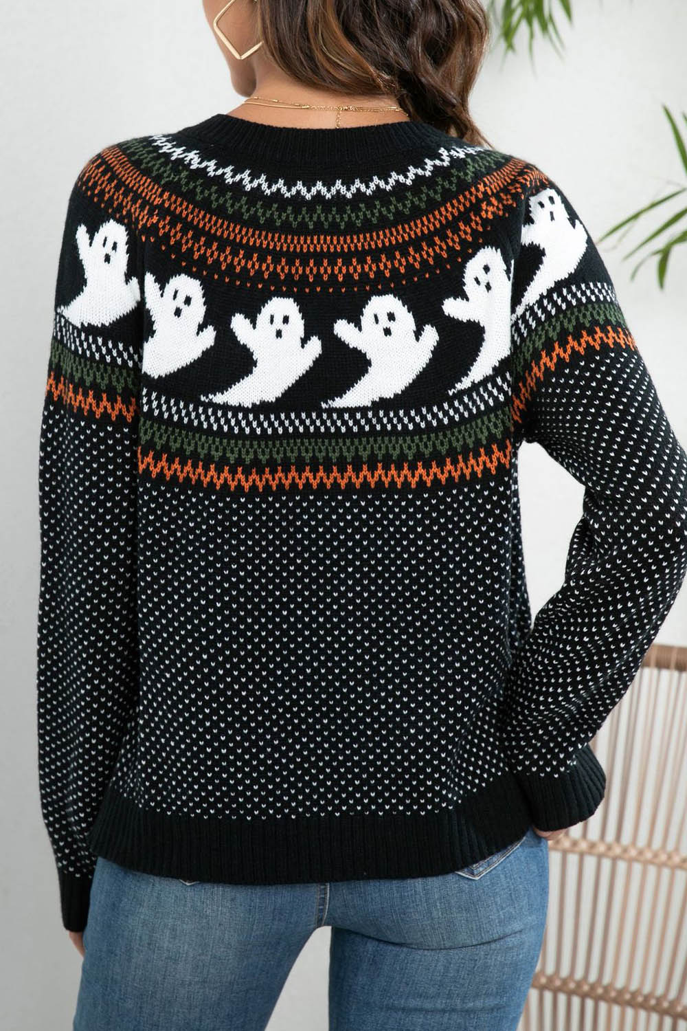 Halloween Ghost Retro Polka Dot Long Sleeve Knitted Cardigan Sweater