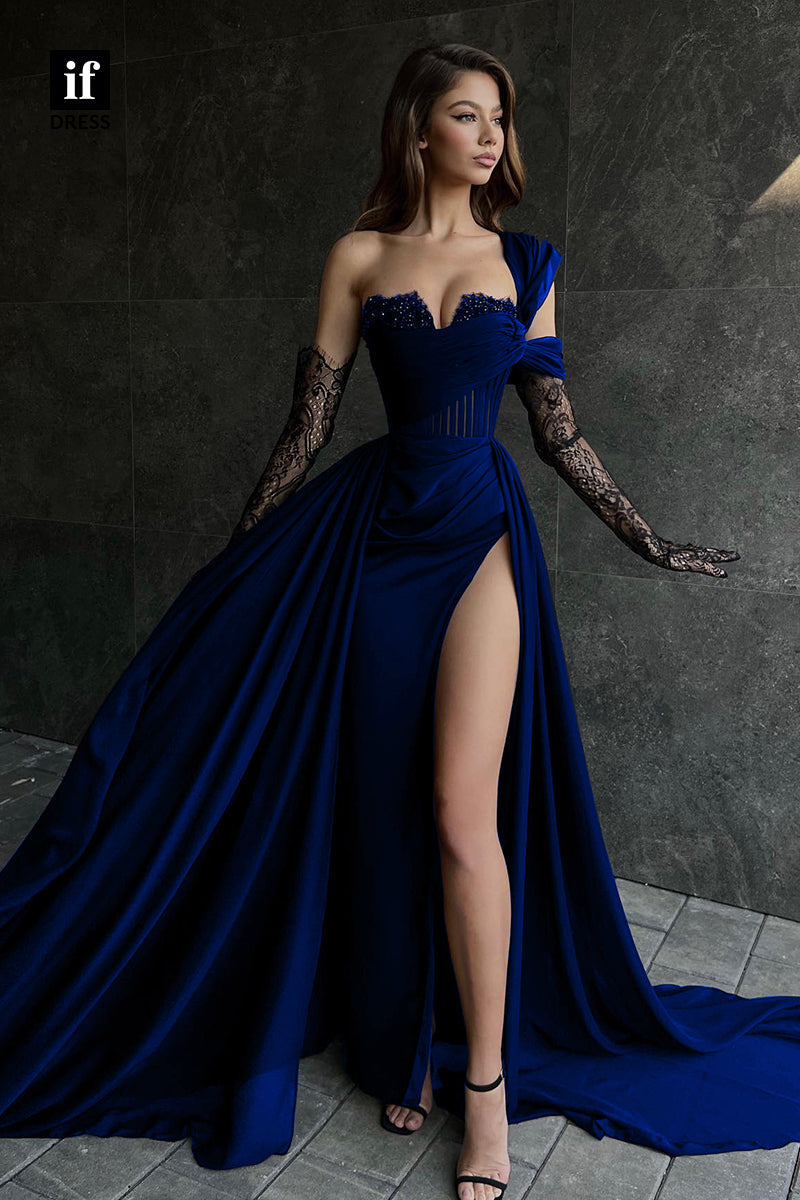 34164 - Elegant One Shoulder Side Slit Chiffon Long Prom Evening Formal Dress