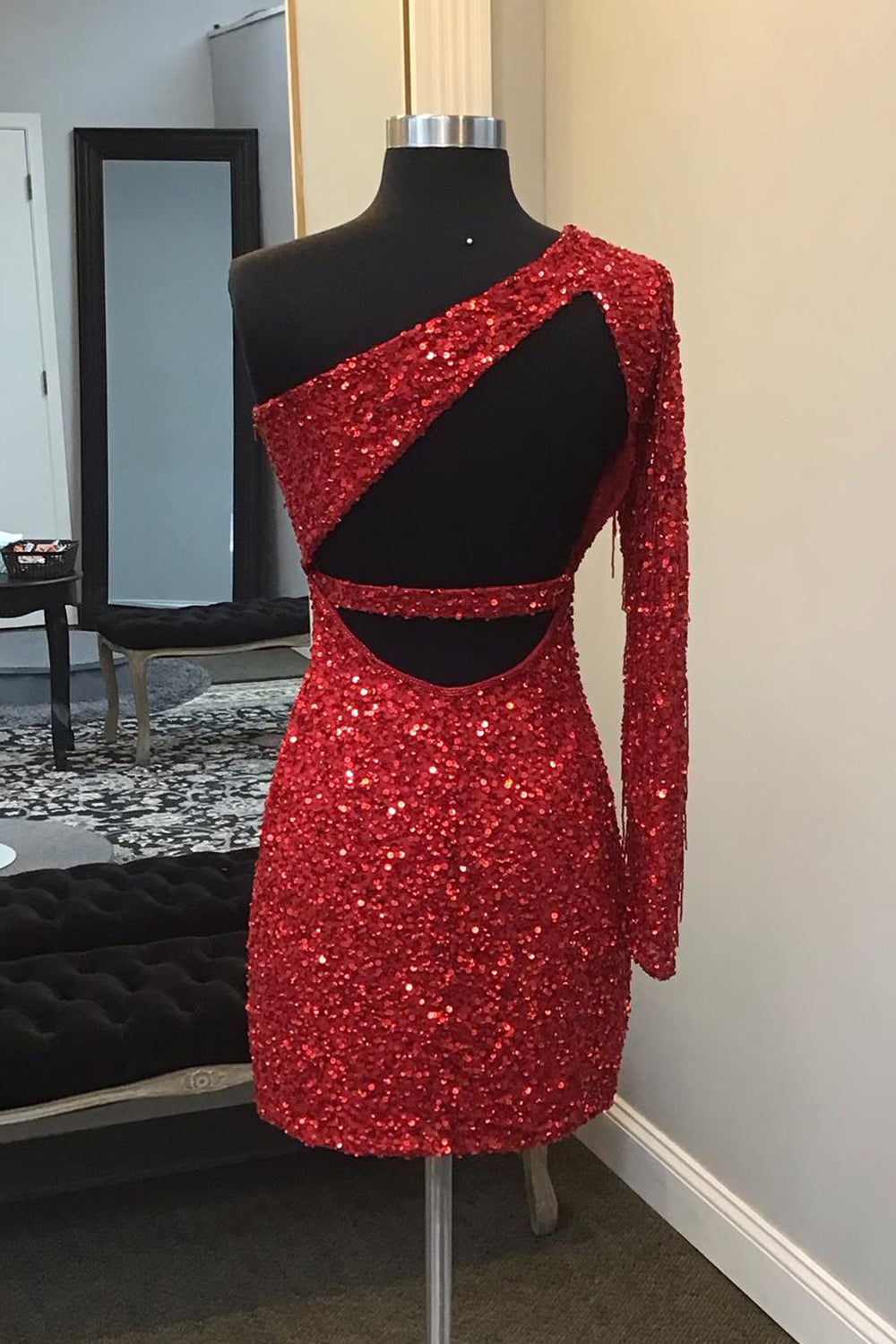 Red Homecoming Dress One Shoulder Backless Sequin Fringed Tight Short Prom Dress