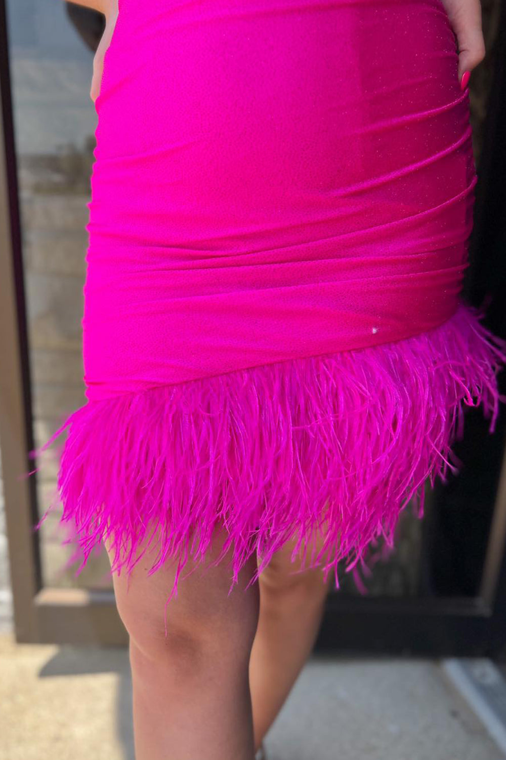 Glitter Fuchsia Homecoming Dress Feathered Tight Short Prom Dress