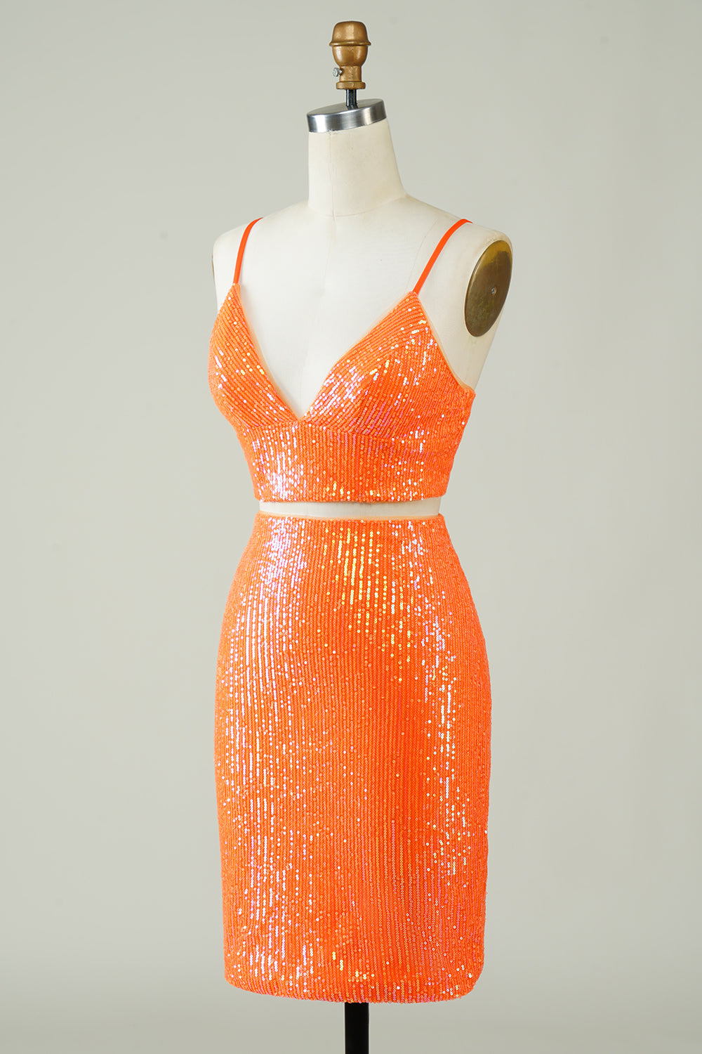 Two Piece Orange Homecoming Dress Sequin Tight Prom Dress