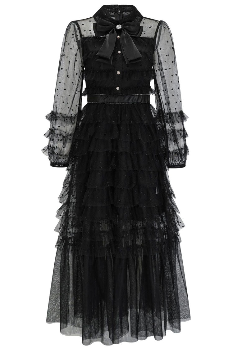 Elegant Bow Tie Collared Glitter Dotted Tulle Tiered Ruffle Gown Dress - Black