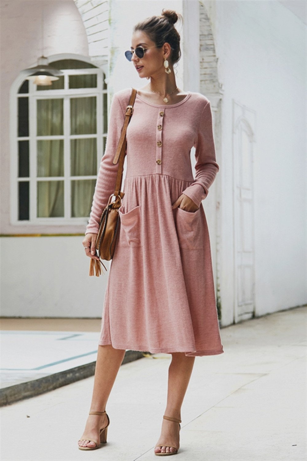 Elegant Double Pockets Slim Sweater Dress