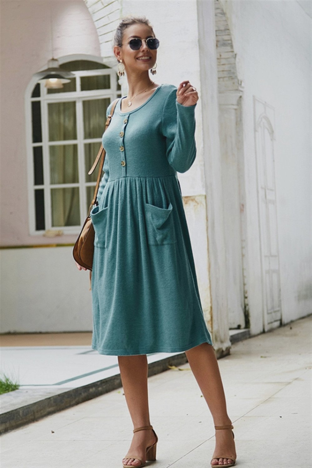 Elegant Double Pockets Slim Sweater Dress